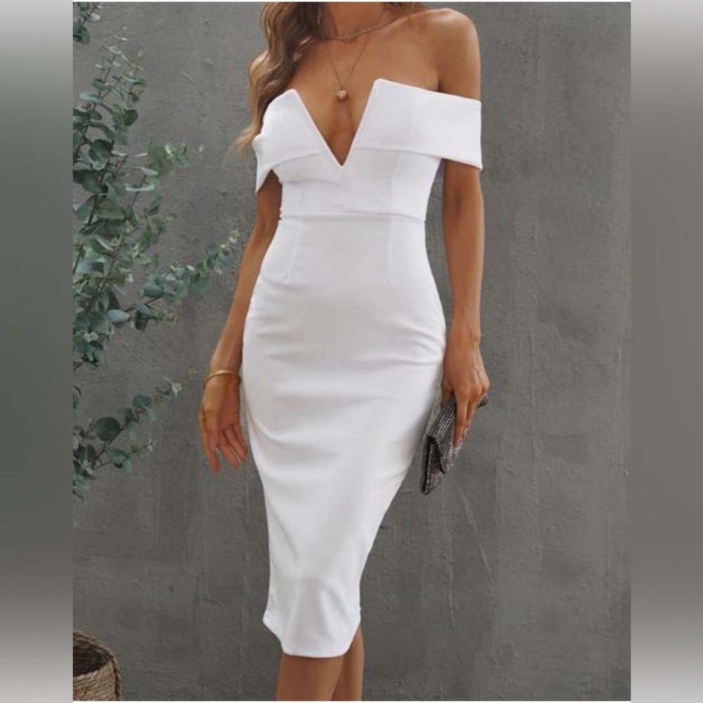 New WHITE OFF SHOULDER V Neckline CUTE MIDI DRESS